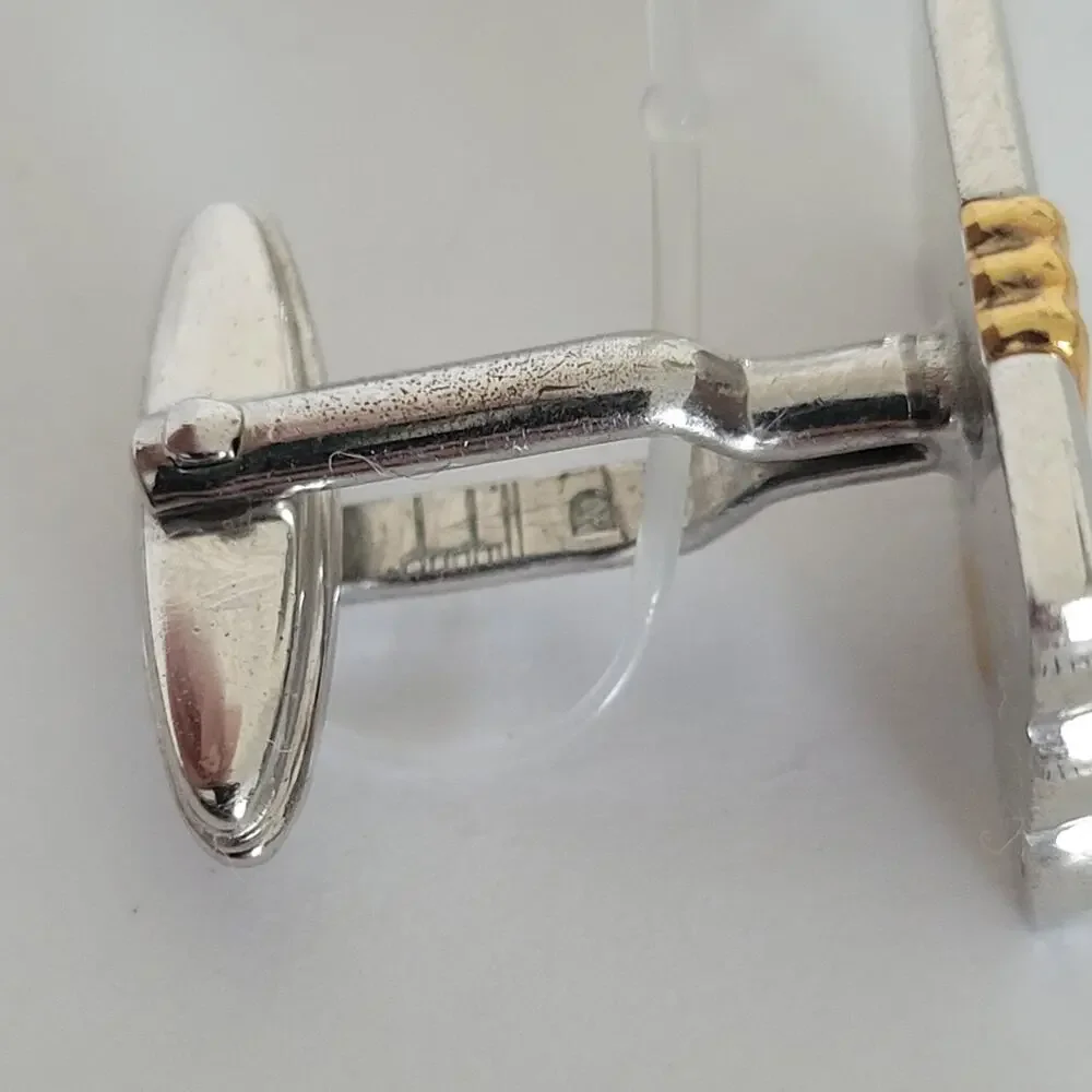 Dunhill D Cufflinks Silver Gold Tone Logo Rectangle Logo Retro Stripped Two Tone